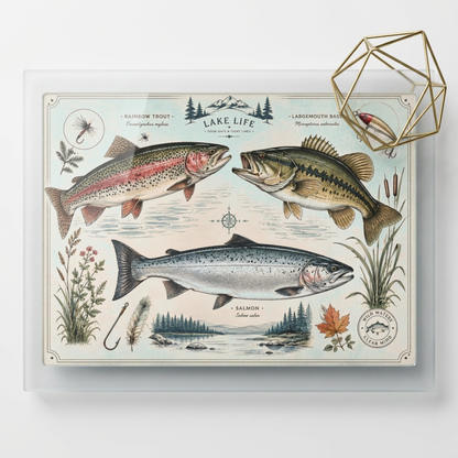 Vintage Fish illustration Glass Cutting Board | Lake Life trout bass salmon