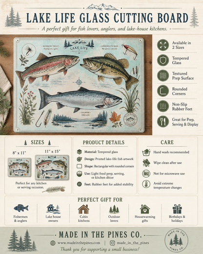 Vintage Fish illustration Glass Cutting Board | Lake Life trout bass salmon