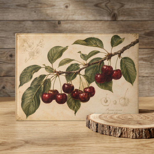 Cherry Botanical Glass Cutting Board – Vintage Fruit Kitchen Decor
