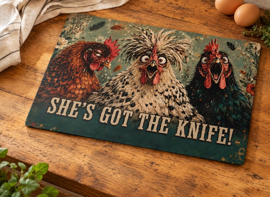 Glass Cutting Board — Funny Rooster Kitchen Decor “She’s Got The Knife!”