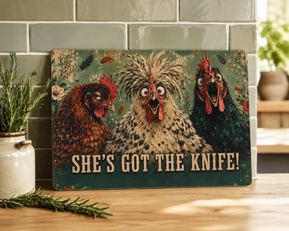 Glass Cutting Board — Funny Rooster Kitchen Decor “She’s Got The Knife!”