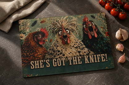 Glass Cutting Board — Funny Rooster Kitchen Decor “She’s Got The Knife!”