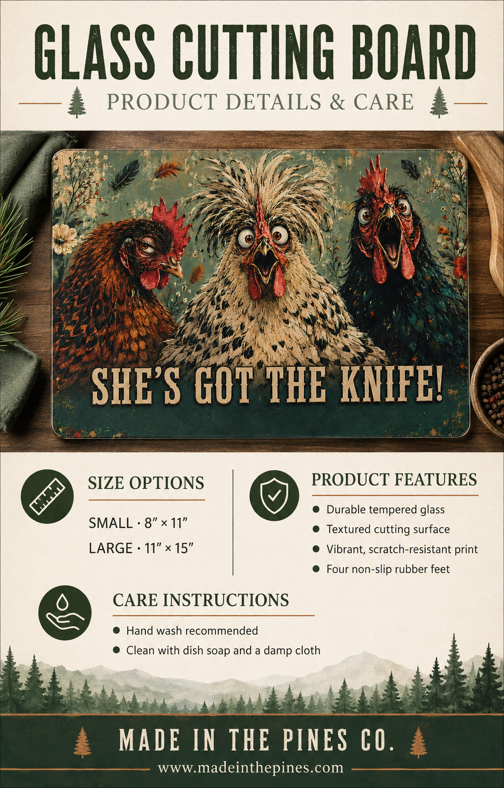 Glass Cutting Board — Funny Rooster Kitchen Decor “She’s Got The Knife!”