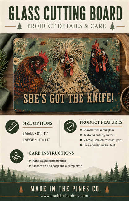 Glass Cutting Board — Funny Rooster Kitchen Decor “She’s Got The Knife!”