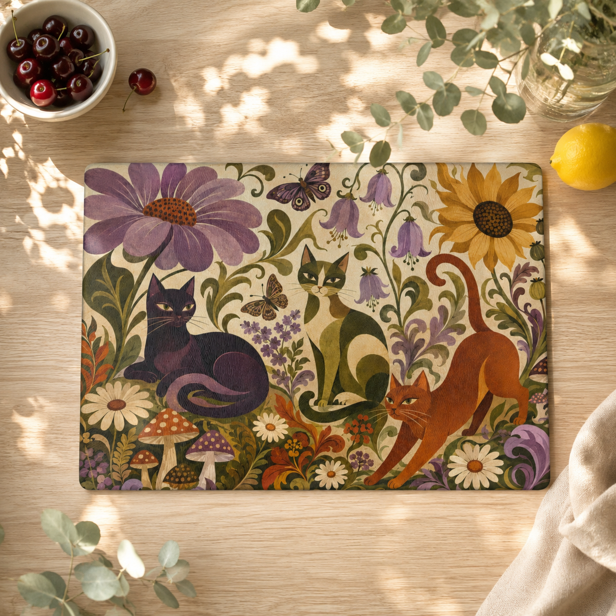 Glass Cutting Board — Vintage Floral Cats Kitchen Cutting Board