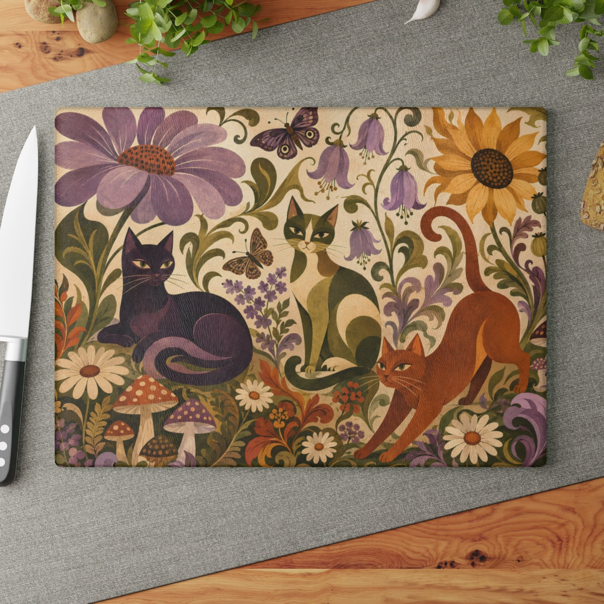 Glass Cutting Board — Vintage Floral Cats Kitchen Cutting Board