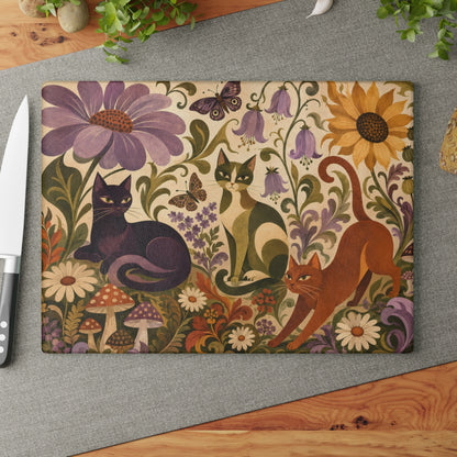 Glass Cutting Board — Vintage Floral Cats Kitchen Cutting Board