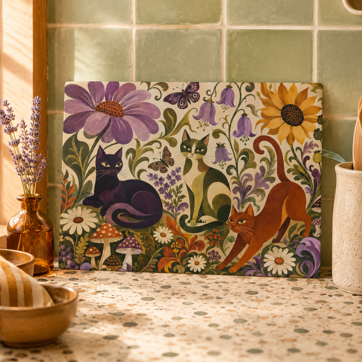 Glass Cutting Board — Vintage Floral Cats Kitchen Cutting Board