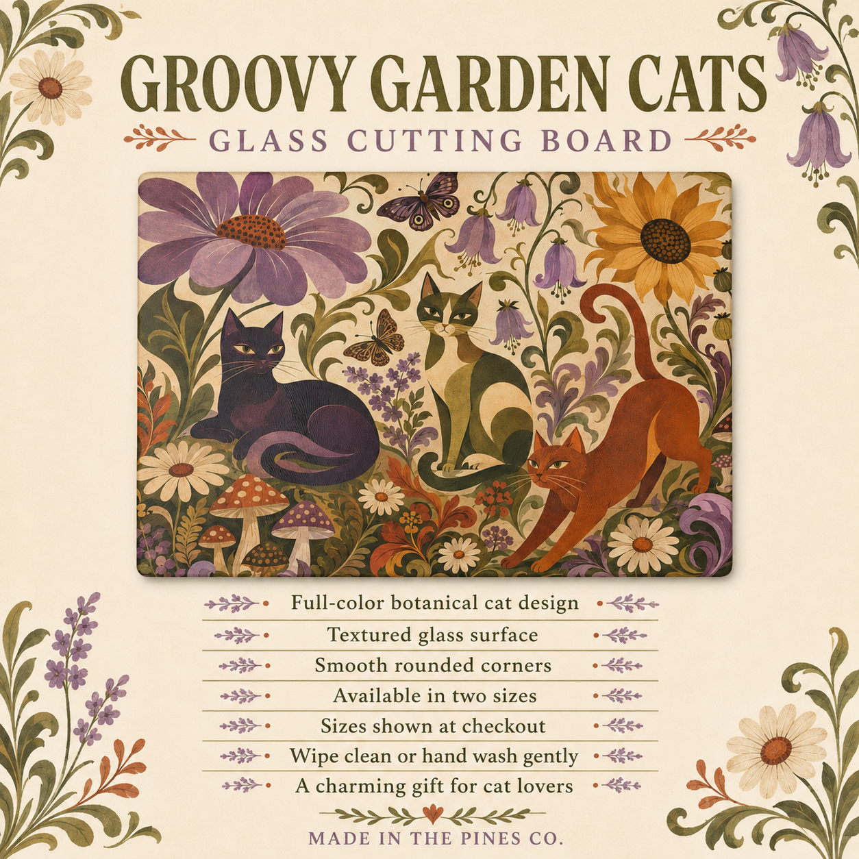 Glass Cutting Board — Vintage Floral Cats Kitchen Cutting Board