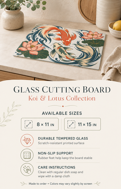 Koi Fish Lotus Glass Cutting Board | Japanese Pond Artwork