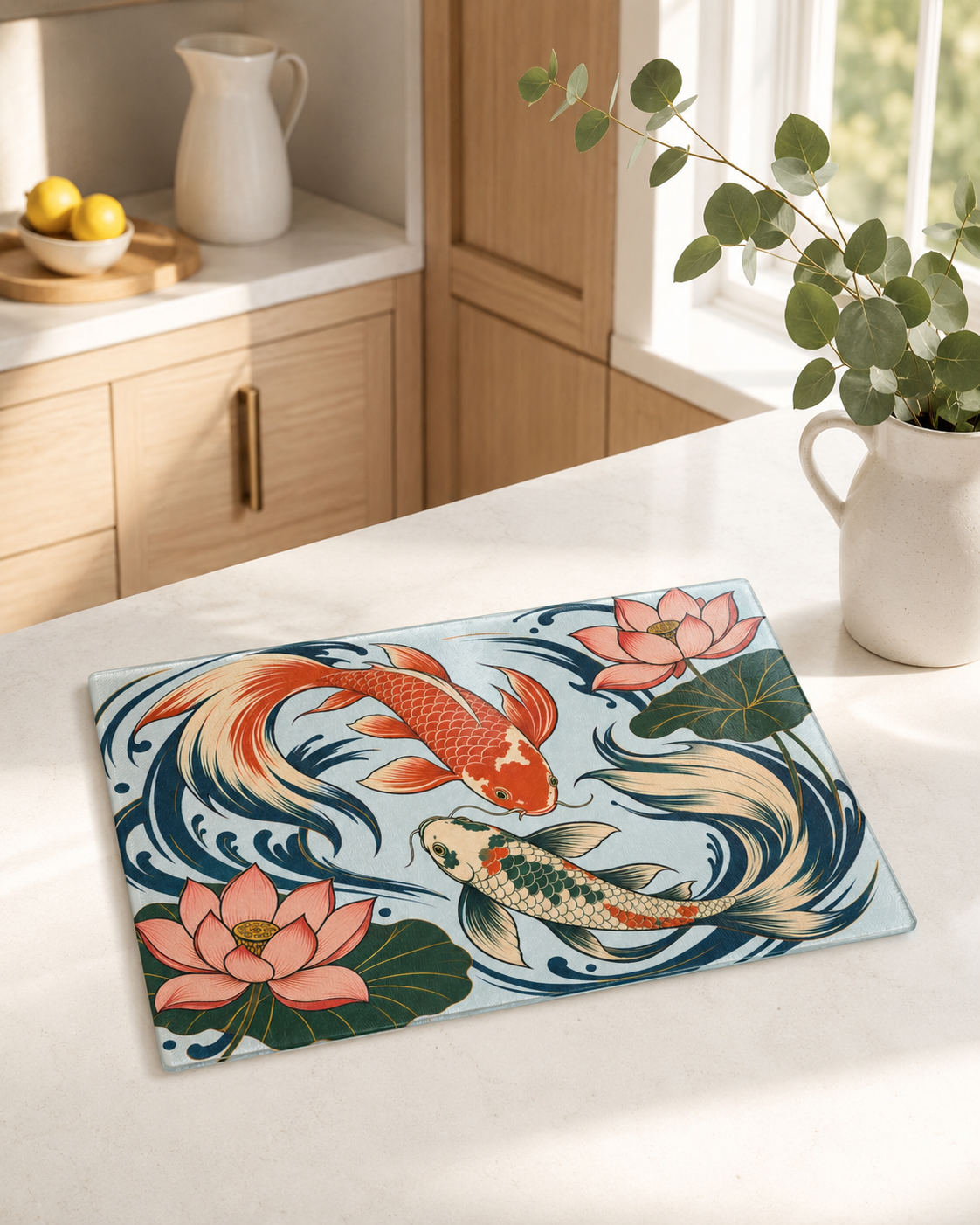 Koi Fish Lotus Glass Cutting Board | Japanese Pond Artwork