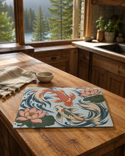 Koi Fish Lotus Glass Cutting Board | Japanese Pond Artwork