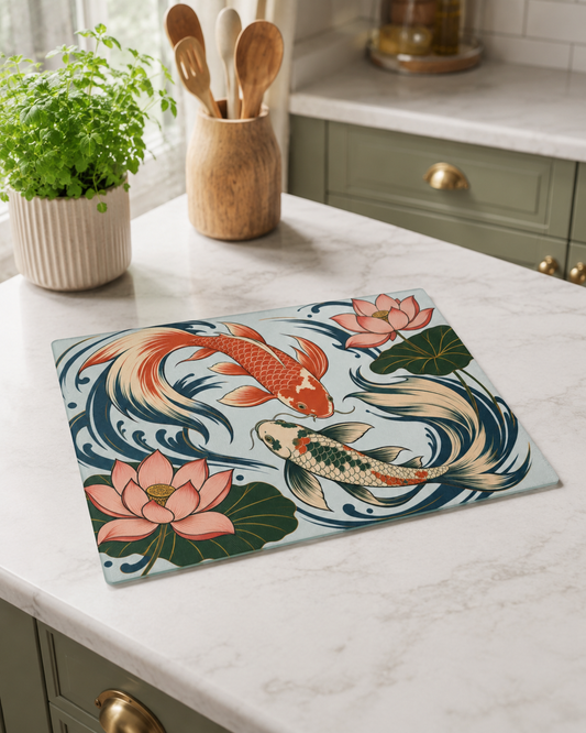 Koi Fish Lotus Glass Cutting Board | Japanese Pond Artwork
