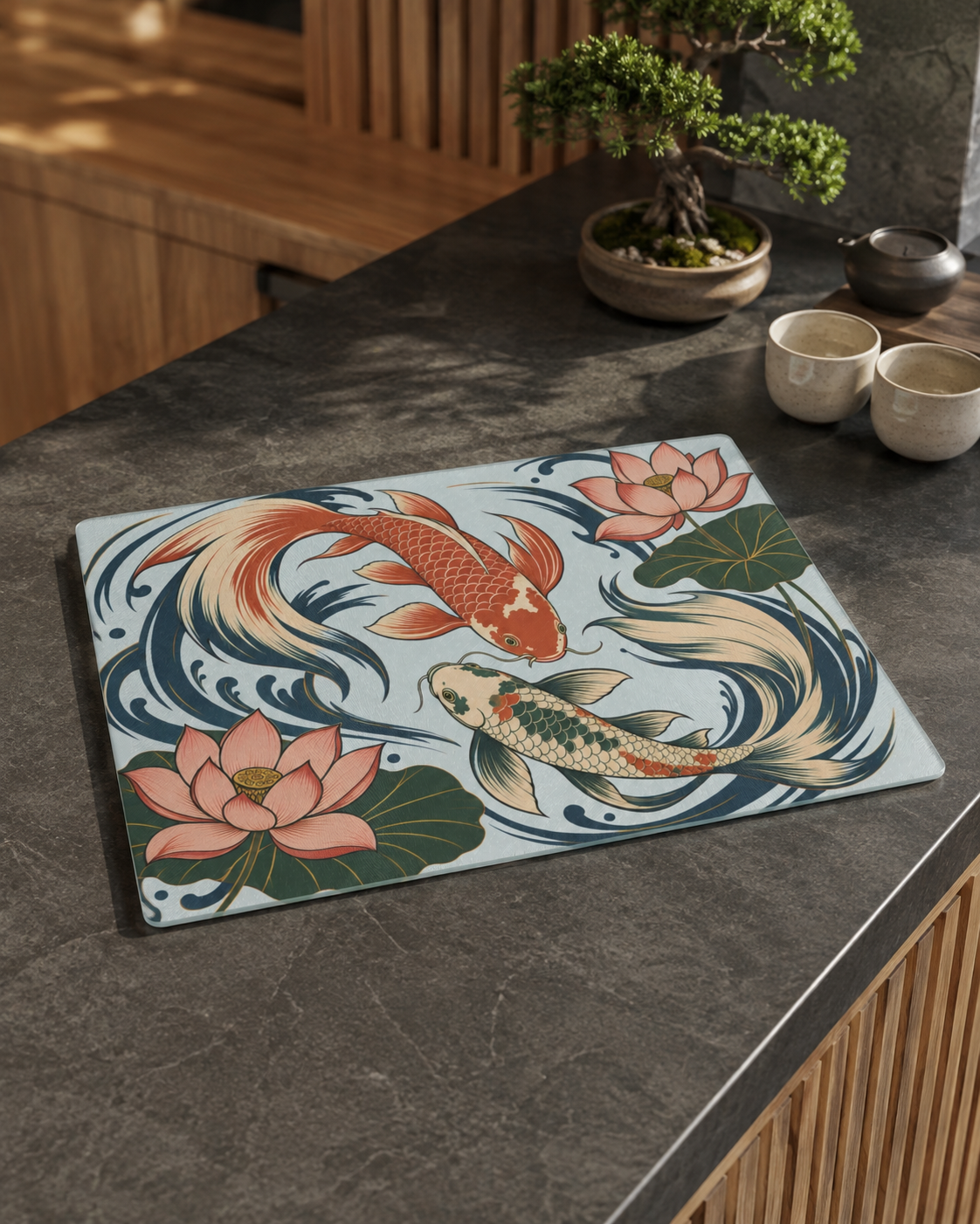 Koi Fish Lotus Glass Cutting Board | Japanese Pond Artwork
