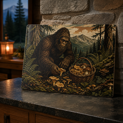 Bigfoot Mushroom Foraging Glass Cutting Board — Rustic Forest Kitchen Decor
