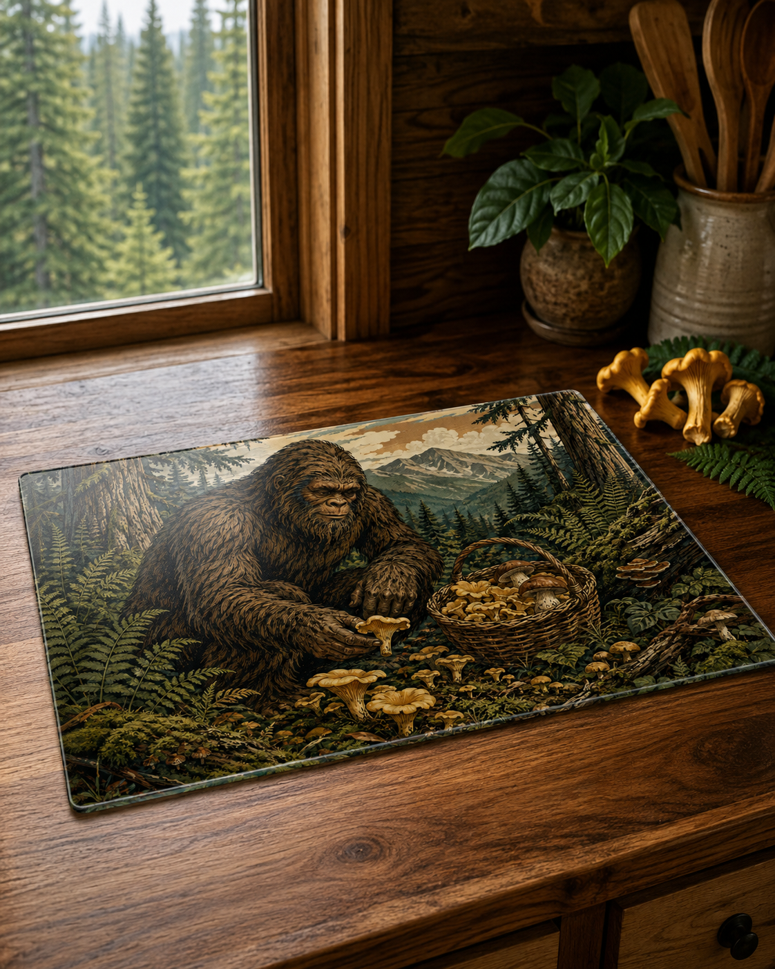 Bigfoot Mushroom Foraging Glass Cutting Board — Rustic Forest Kitchen Decor