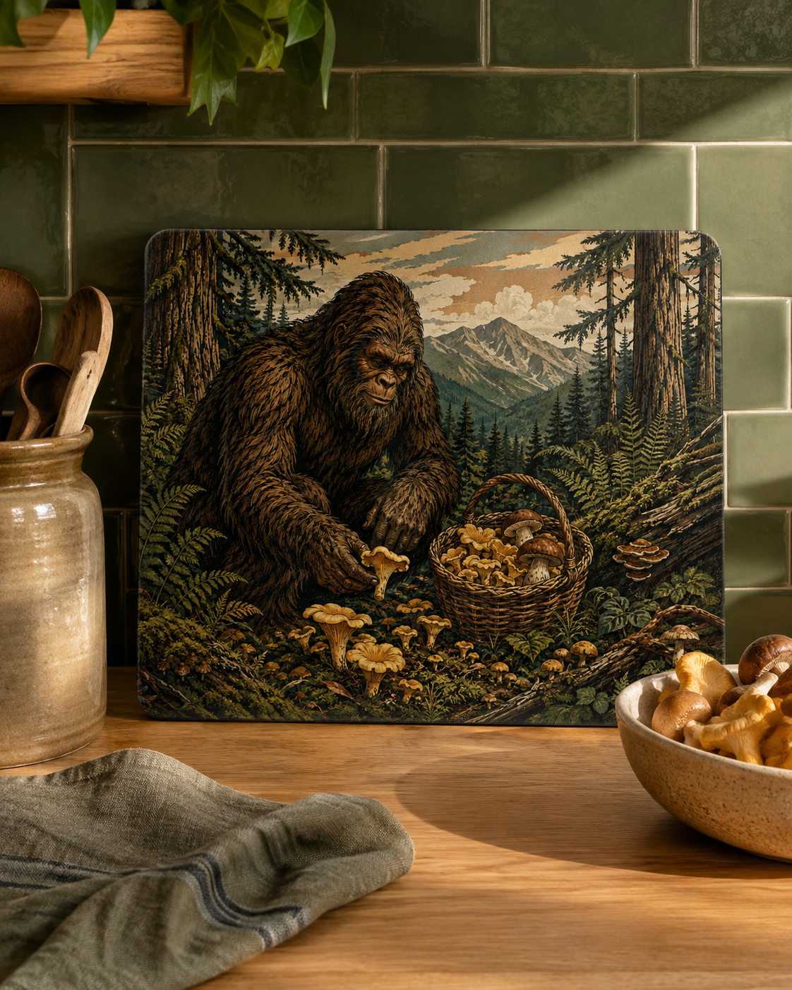 Bigfoot Mushroom Foraging Glass Cutting Board — Rustic Forest Kitchen Decor