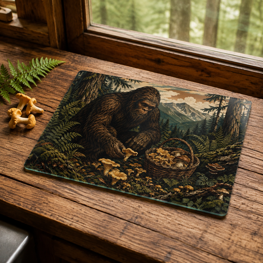 Bigfoot Mushroom Foraging Glass Cutting Board — Rustic Forest Kitchen Decor