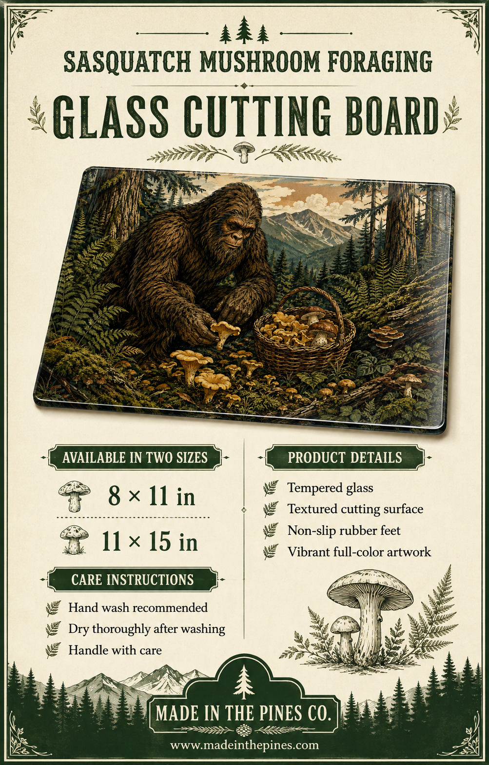 Bigfoot Mushroom Foraging Glass Cutting Board — Rustic Forest Kitchen Decor