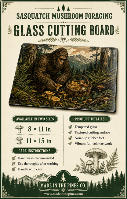 Bigfoot Mushroom Foraging Glass Cutting Board — Rustic Forest Kitchen Decor
