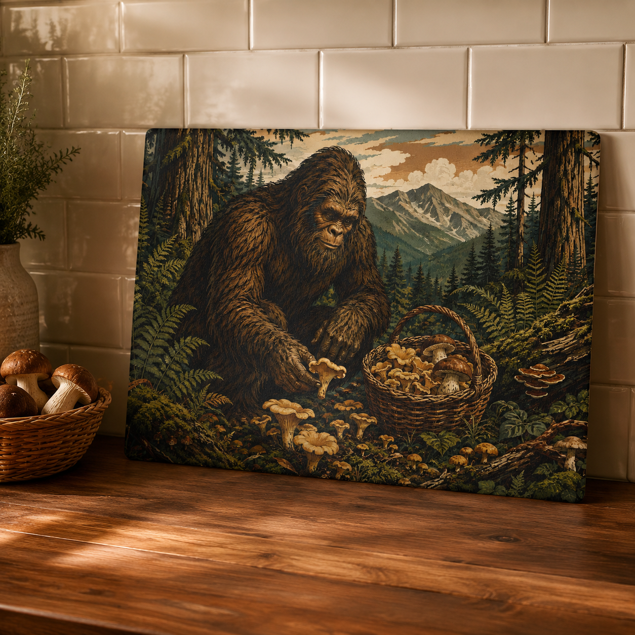 Bigfoot Mushroom Foraging Glass Cutting Board — Rustic Forest Kitchen Decor