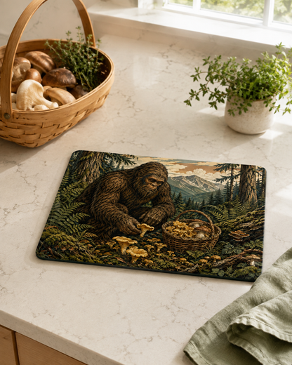 Bigfoot Mushroom Foraging Glass Cutting Board — Rustic Forest Kitchen Decor