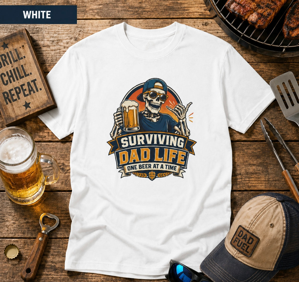 Surviving Dad Life Beer Skeleton Tee | Dad Camping BBQ Father's Day