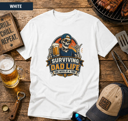 Surviving Dad Life Beer Skeleton Tee | Dad Camping BBQ Father's Day