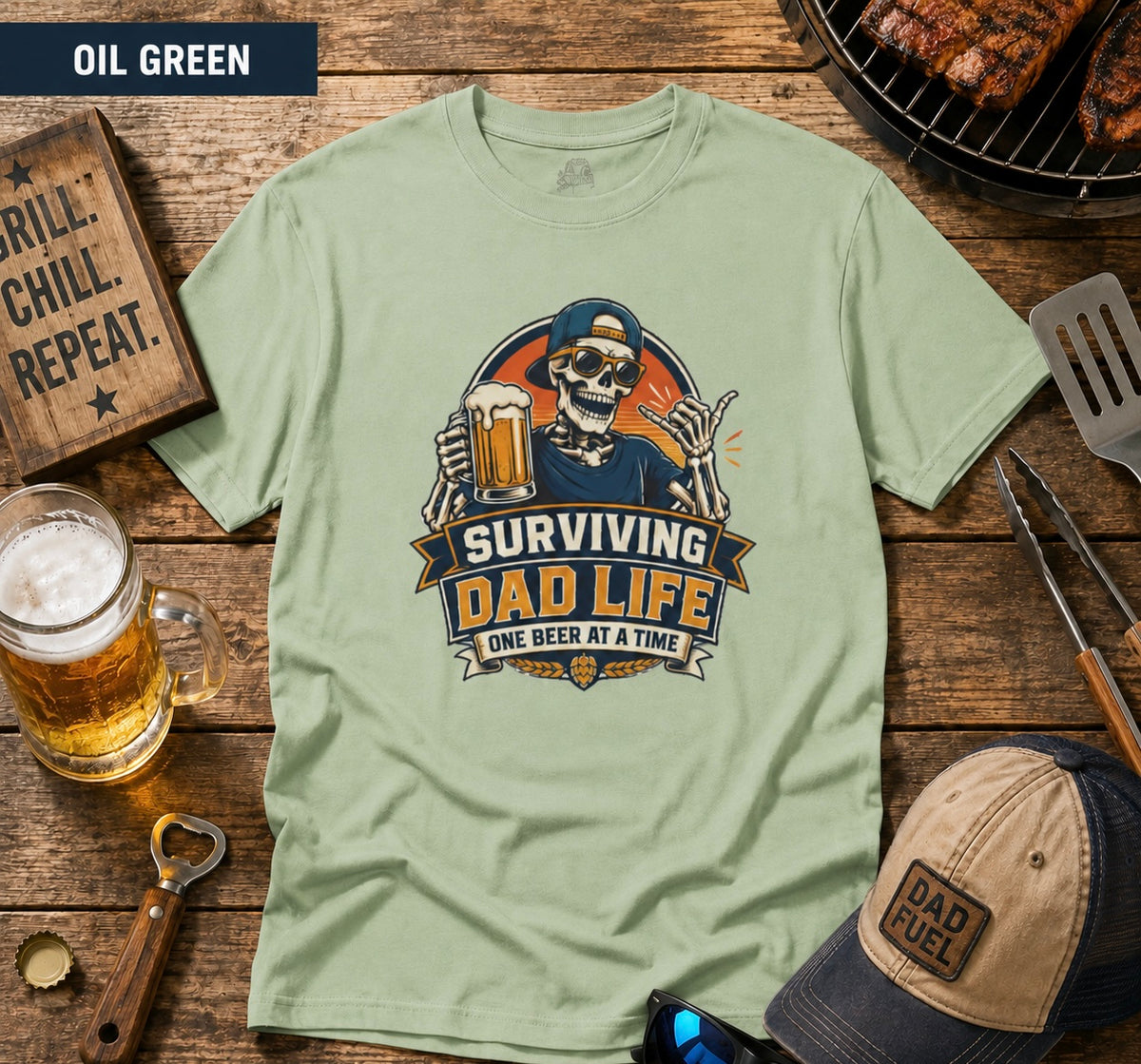 Surviving Dad Life Beer Skeleton Tee | Dad Camping BBQ Father's Day