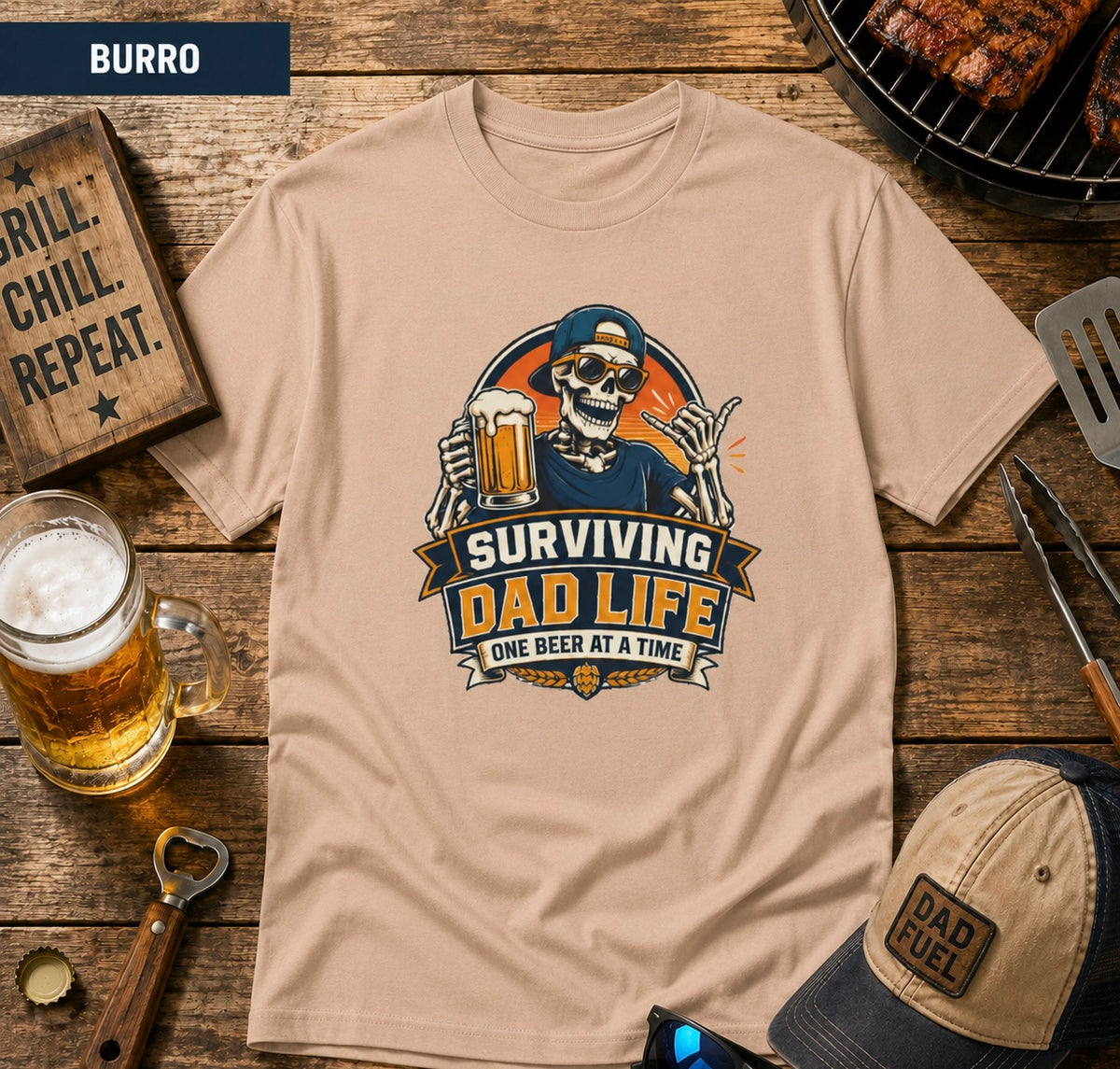 Surviving Dad Life Beer Skeleton Tee | Dad Camping BBQ Father's Day