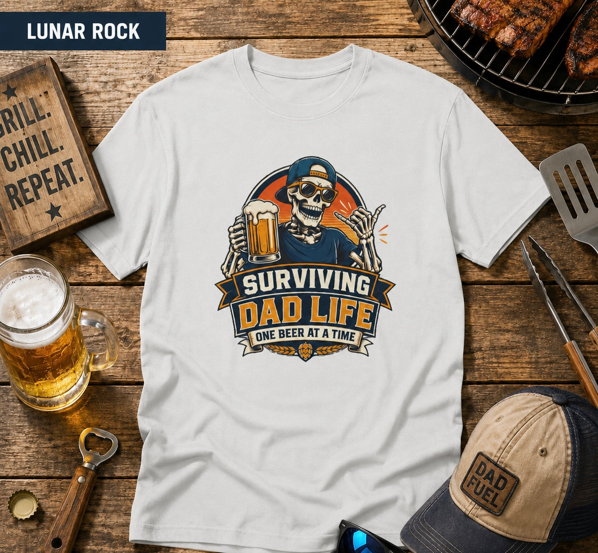 Surviving Dad Life Beer Skeleton Tee | Dad Camping BBQ Father's Day