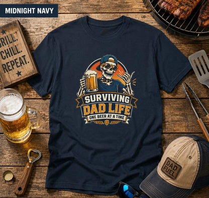 Surviving Dad Life Beer Skeleton Tee | Dad Camping BBQ Father's Day