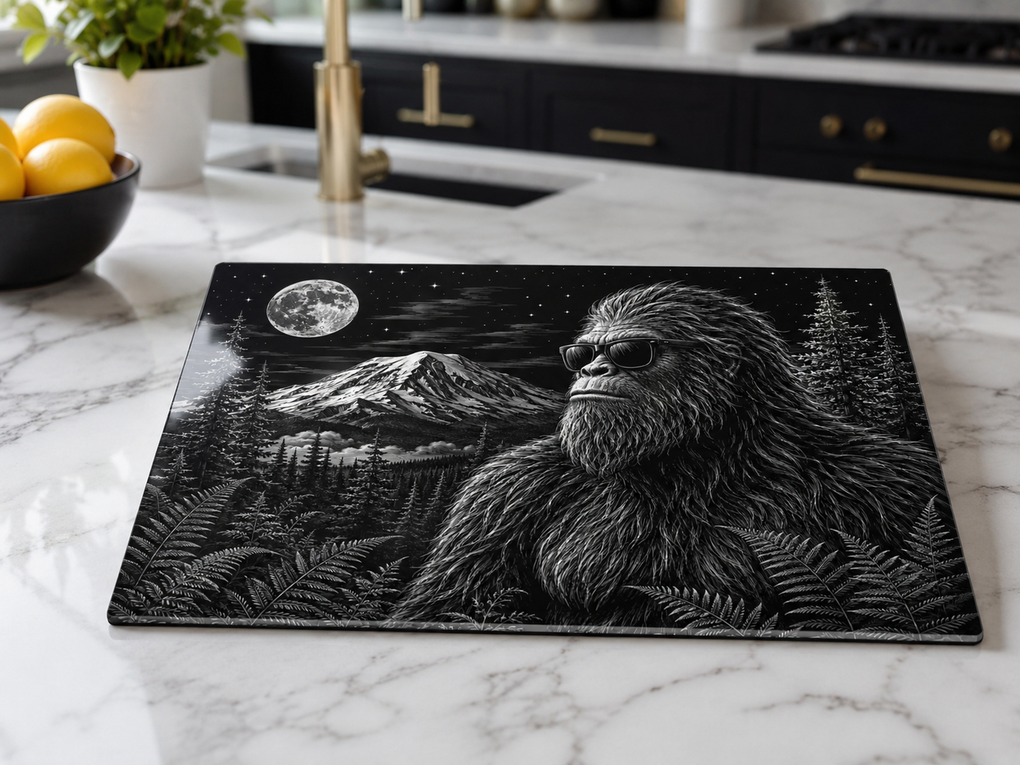 Glass Cutting Board — Sasquatch Forest Moon Design