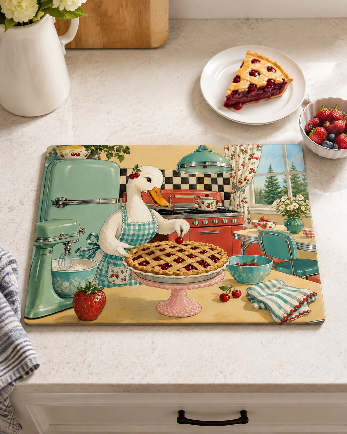 Retro Kitchen Glass Cutting Board — Vintage Goose Baking Pie Illustration