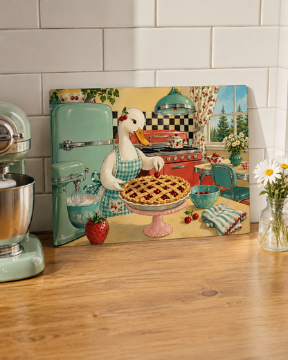 Retro Kitchen Glass Cutting Board — Vintage Goose Baking Pie Illustration