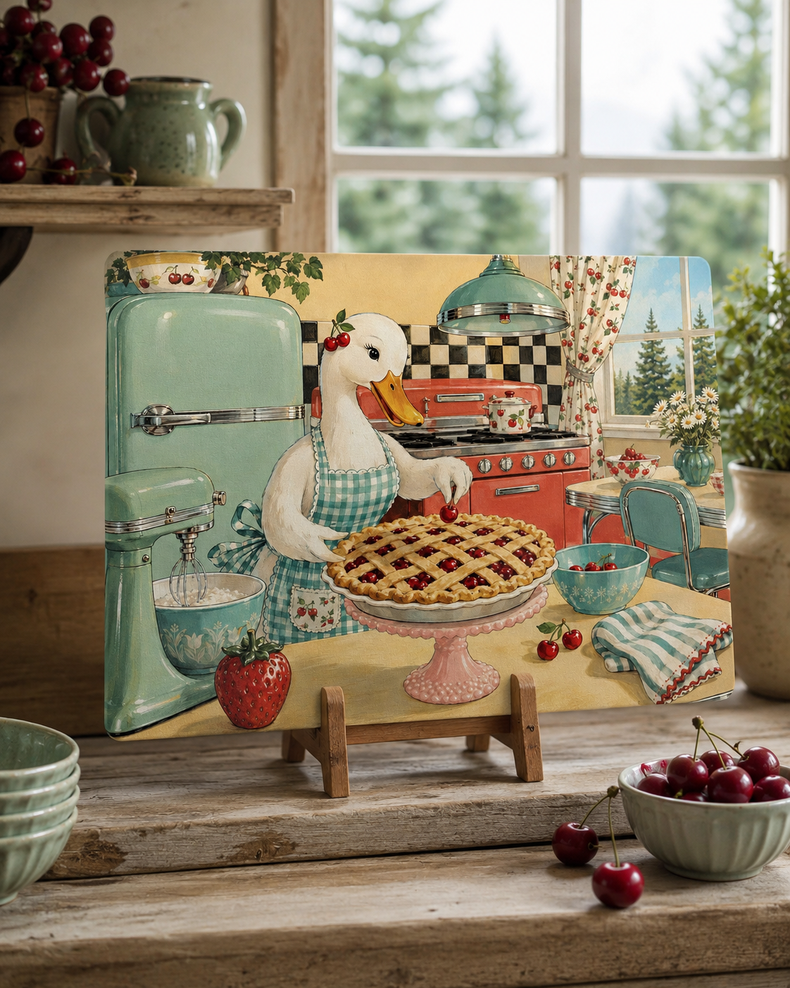Retro Kitchen Glass Cutting Board — Vintage Goose Baking Pie Illustration