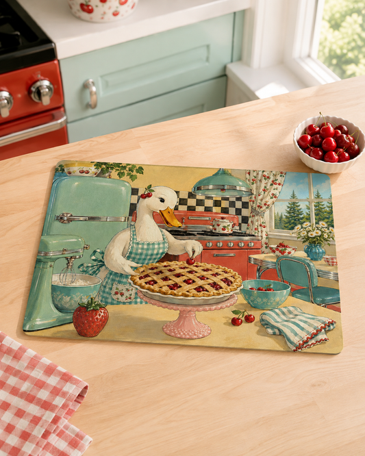 Retro Kitchen Glass Cutting Board — Vintage Goose Baking Pie Illustration