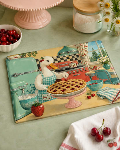Retro Kitchen Glass Cutting Board — Vintage Goose Baking Pie Illustration