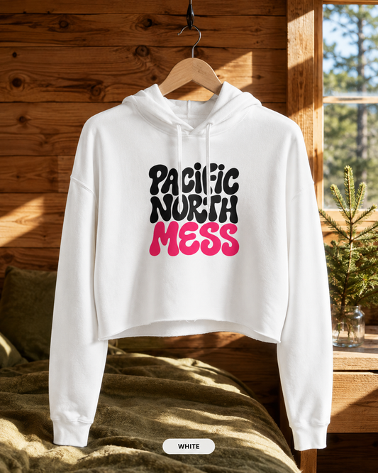 Pacific North Mess Hoodie | Retro Bubble Letter Graphic, White Cropped Sweatshirt