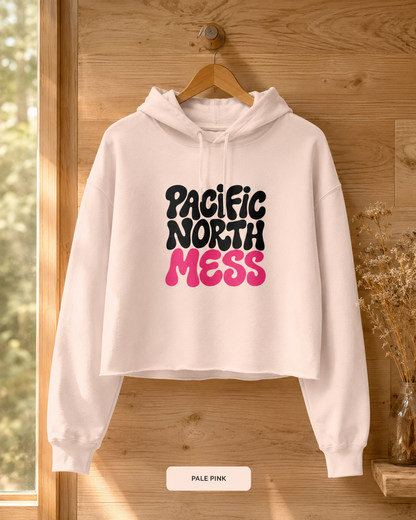 Pacific North Mess Hoodie | Retro Bubble Letter Graphic, White Cropped Sweatshirt