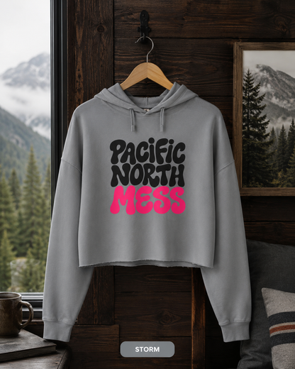 Pacific North Mess Hoodie | Retro Bubble Letter Graphic, White Cropped Sweatshirt