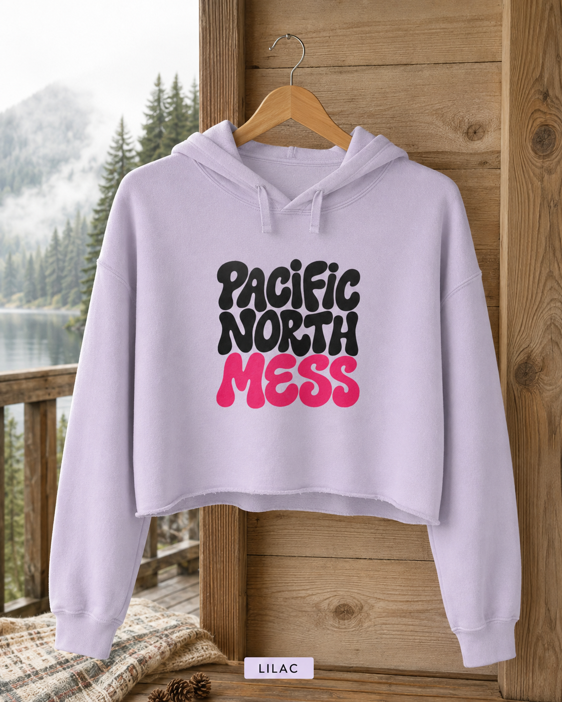 Pacific North Mess Hoodie | Retro Bubble Letter Graphic, White Cropped Sweatshirt