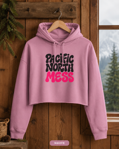 Pacific North Mess Hoodie | Retro Bubble Letter Graphic, White Cropped Sweatshirt