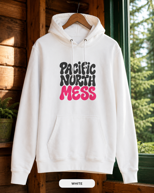 Pacific North Mess Hoodie — Retro Bubble Letter Graphic Pullover