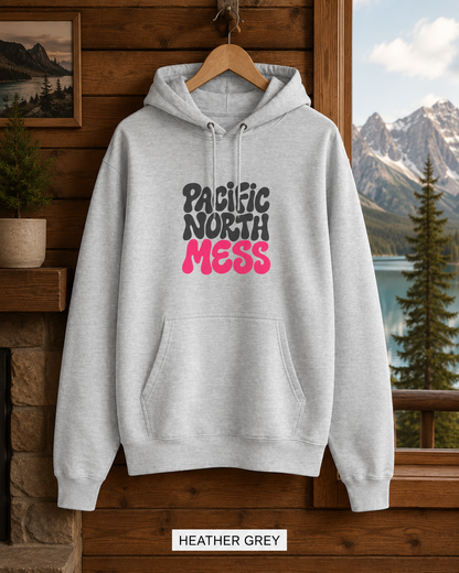 Pacific North Mess Hoodie — Retro Bubble Letter Graphic Pullover