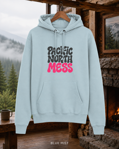 Pacific North Mess Hoodie — Retro Bubble Letter Graphic Pullover