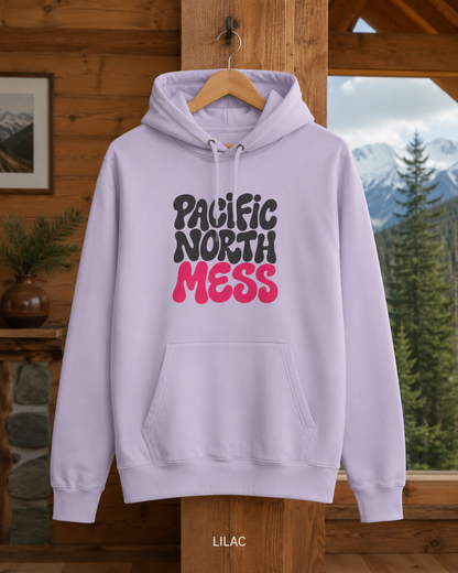 Pacific North Mess Hoodie — Retro Bubble Letter Graphic Pullover