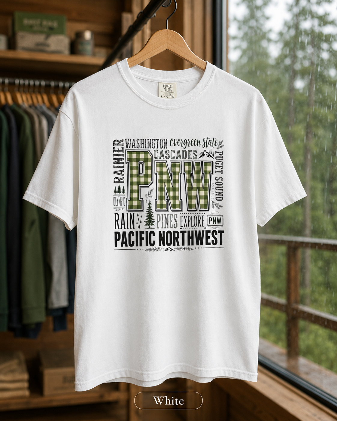 PNW Pacific Northwest T-Shirt — Scenic Cascades, Rain & Pines Design
