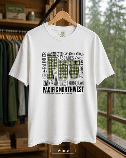 PNW Pacific Northwest T-Shirt — Scenic Cascades, Rain & Pines Design