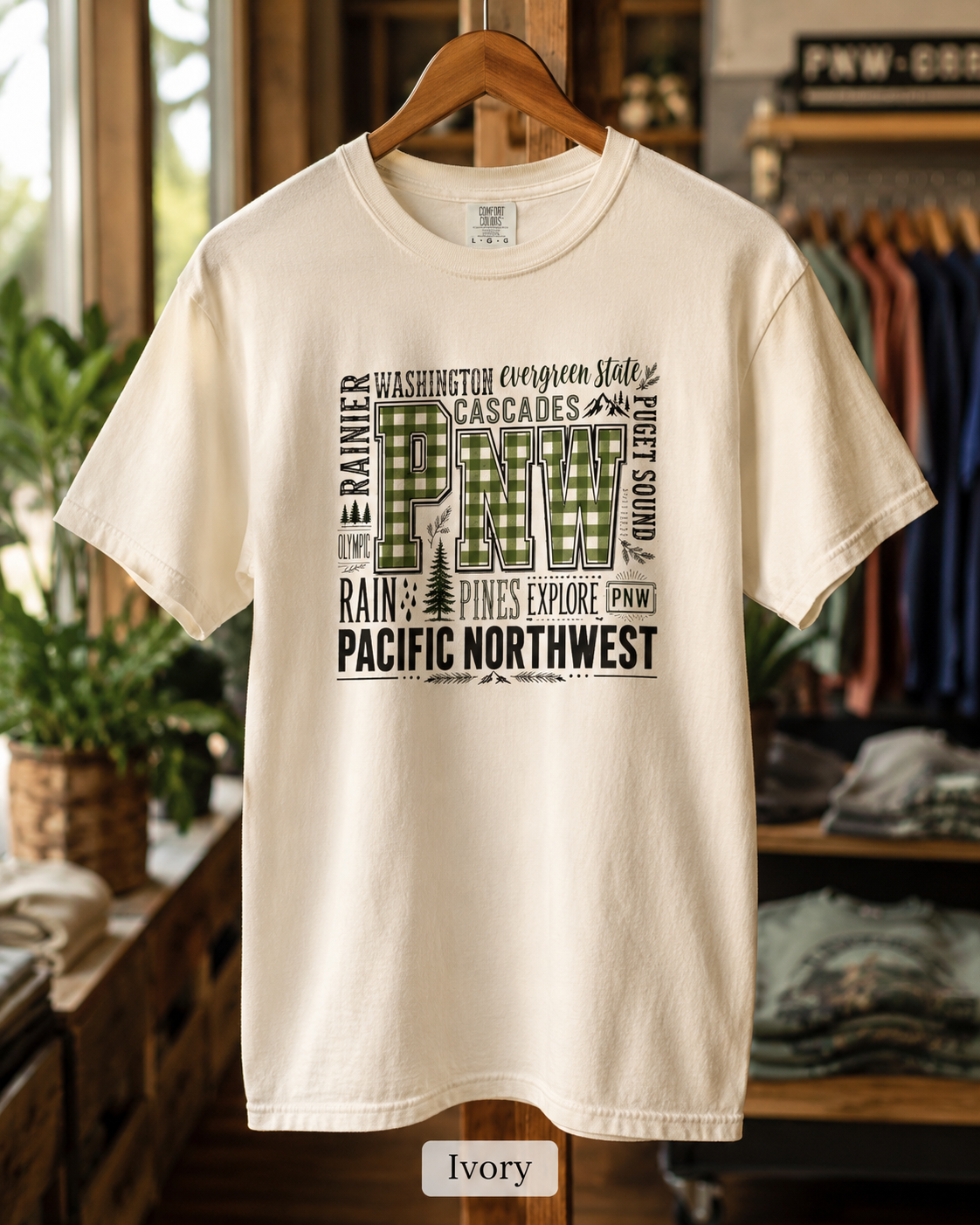 PNW Pacific Northwest T-Shirt — Scenic Cascades, Rain & Pines Design